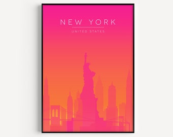 New York Wall Art, New York Print, Bright Pink Print, Pink Wall Art, Travel Poster, Pink Orange Print, New York Poster, Wall Art Print