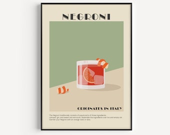 May include: A minimalist poster with a green background and a black frame. The poster features a glass of Negroni with orange peel garnish and the text "NEGRONI" and "ORIGINATES IN ITALY". The text below the image reads: "The Negroni traditionally consists of equal parts of three ingredients: Campari, gin and sweet red vermouth. Assemble the ingredients over ice and simply stir. Garnish your Negroni with an orange twist or slice."
