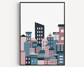 Wall Art Prints, Prints, Houses Print, Blue Print, Minimalist Wall Art, Pink Print, Minimalist Print, Modern Art, Wall Prints, Art Prints