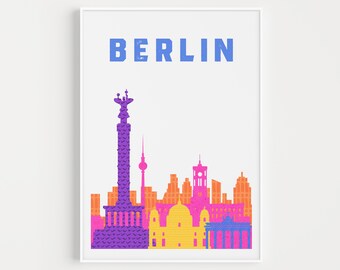 May include: A colorful illustration of the Berlin skyline, featuring the Brandenburg Gate, the Reichstag Building, and the Victory Column. The text "BERLIN" is displayed in blue at the top of the image.