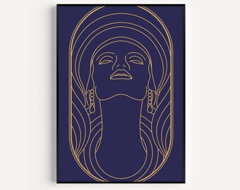 Art Deco Print, Wall Art Print, Art Deco Wall Art, Woman Print, Blue Print, Art Deco, Blue Gold, Prints, Blue Wall Art, Blue, Woman Wall Art