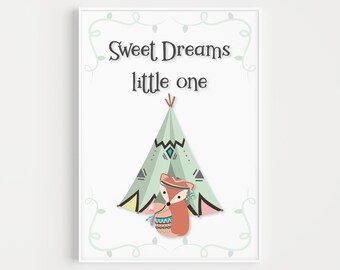 Nursery Wall Art, Nursery Wall Decor, Cute Nursery Print, Woodland Nursery, Unisex Nursery, Sweet Dreams Little One, Tribal Nursery, Prints