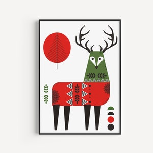 May include: A stylised illustration of a deer wearing a red sweater with black and white geometric patterns. The deer has green antlers and a green body with black eyes. The background is white with a red circle and a green tree.