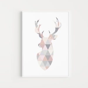 Stag Wall Art, Geometric Wall Art, Pink, Grey, Stag Print, Wall Art Print, Nordic Print, Scandinavian Print, Wall Art, Geometric, Prints