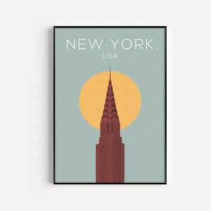 May include: A minimalist poster with a stylized illustration of the Chrysler Building in New York City, USA. The building is depicted in red against a light blue background with a yellow sun.