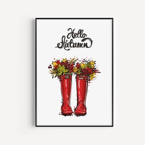 Impresión de botas de agua, arte de botas de agua, impresiones de otoño, arte de otoño, impresión minimalista, impresión de hola otoño, cartel moderno, arte moderno, impresión de arte de pared