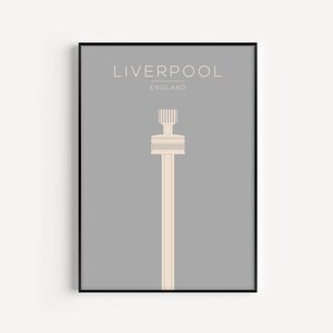 May include: A minimalist poster with a gray background and a white outline of the Liver Building in Liverpool, England. The text "LIVERPOOL" and "ENGLAND" is printed in white at the top of the poster.