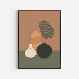 Impresión de hoja de Monstera, impresión de arte boho, arte de pared neutro, impresión de cerámica, verde, impresión de jarrón, arte de pared rústico, impresión de pared de galería, impresión de arte de pared