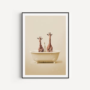 Bathroom Print, Giraffe Print, Giraffes in Bath Poster, Wall Art Print, Bathroom Decor, Neutral Print, Neutral Bathroom, Animal Print