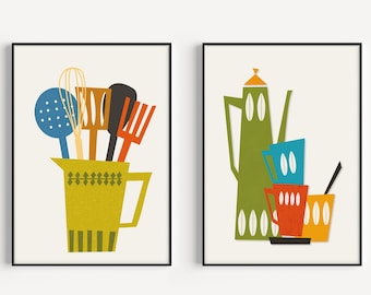 Kitchen Print Set, Mid Century Modern, Set of 2 Prints, Mid Century, Wall Art, Kitchen Art Print, Mid Century Print, Kitchen Wall Art