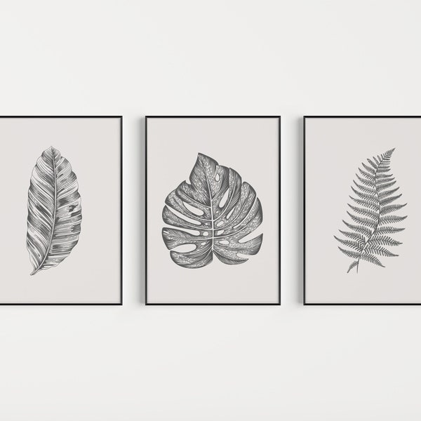 Leaf Print Set, Botanical Print Set, Set of Prints, Monstera Wall Art, Grey Prints, Prints, Botanical Prints, Wall Art Set, Wall Art Prints