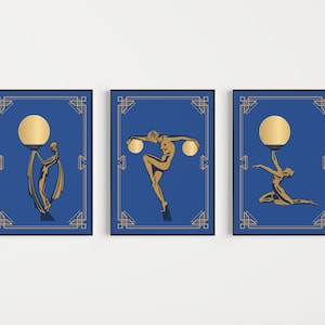 Art Deco Prints, Set of 3 Prints, Blue Art Deco, Art Deco Poster, Art Deco Wall Art, Blue Gold, Wall Art Print, Art Deco, Blue Art Prints