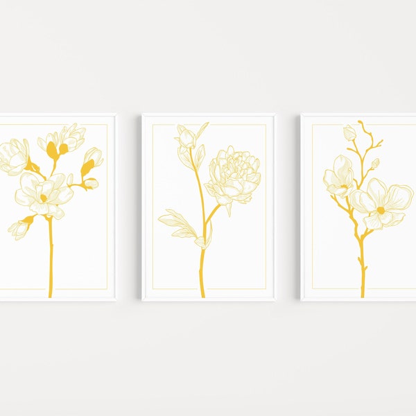 Set of Prints, Yellow Print Set, Wall Art Set, Yellow Prints, Flower Print Set, Wall Art, Wall Art Print, Flower Wall Art, Yellow Wall Art