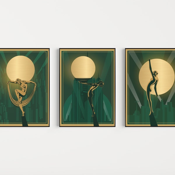 Art Deco Prints, Set of Prints, Green Art Deco, Art Deco Poster, Art Deco Wall Art, Gold Art Deco, Wall Art Print, Art Deco, Green Gold