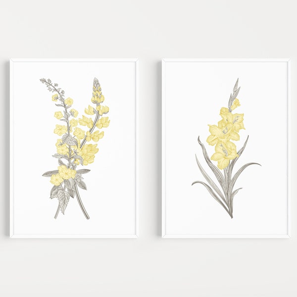 Flower Prints, Grey Prints, Art Prints, Set of Prints, Yellow Prints, Grey Wall Art, Art Print Set, Grey Yellow, Prints, Wall Art Prints