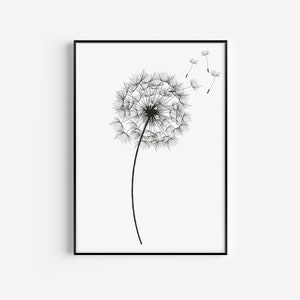 Botanical Print, Wall Art Print, Dandelion Print, Black White Print, Black White Art, Botanical Wall Art, Flower Wall Art, Minimalist Print