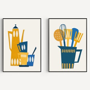 Kitchen Print Set, Blue Kitchen Prints, Set of Prints, Prints, Blue, Wall Art, Blue Kitchen Decor, Blue Yellow Prints, Kitchen Wall Art