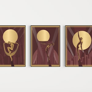 Art Deco Prints, Set of 3 Red Prints, Red Art Deco, Art Deco Poster, Art Deco Wall Art, Gold Art Deco, Wall Art Print, Art Deco, Red Gold