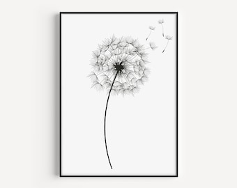 Botanical Print, Wall Art Print, Dandelion Print, Black White Print, Black White Art, Botanical Wall Art, Flower Wall Art, Minimalist Print