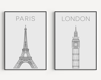 Wall Art Set, Travel Wall Art, Set of Prints, Wall Art, Black and White, Prints, Print Set, London Print, Paris Print, Wall Art Prints, Art