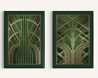 Art Deco Prints, Set of 2 Prints, Green Art Deco Prints, Art Deco Poster, Art Deco Wall Art, Green Prints, Art Deco Accessories, Wall Art