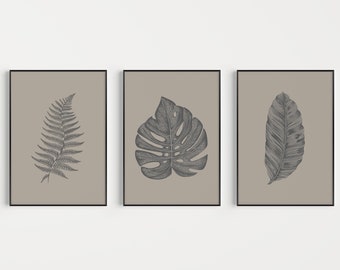 Wall Art Prints, Set of Prints, Wall Art, Leaves Wall Art, Minimalist Wall Art, Leaves Prints, Prints, Grey Prints, Grey Print Set, Posters