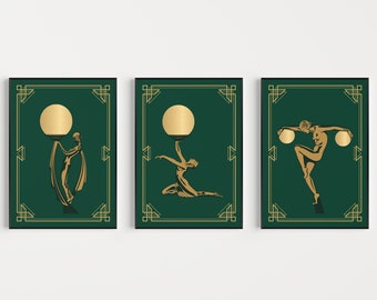 Art Deco Prints, Set of Prints, Green Art Deco, Art Deco Poster, Art Deco Wall Art, Gold Art Deco, Wall Art Print, Art Deco, Green Gold