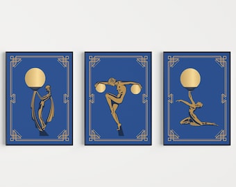 Art Deco Prints, Set of 3 Prints, Blue Art Deco, Art Deco Poster, Art Deco Wall Art, Blue Gold, Wall Art Print, Art Deco, Blue Art Prints