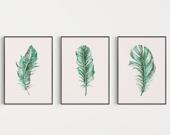 Juego de 3 impresiones de plumas, juego de arte mural, juego de arte mural verde, verde, impresiones, arte mural de plumas, arte mural, impresión de plumas, impresión verde