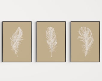 May include: Three framed prints with a beige background and a white feather illustration in each frame.