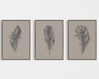 May include: Three framed prints with black frames and a beige background. Each print features a black and white line drawing of a feather.