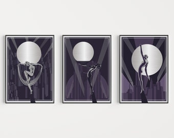 Art Deco Prints, Set of 3 Prints, Purple Art Deco, Art Deco Poster, Art Deco Wall Art, Purple Silver, Wall Art Print, Art Deco, Purple Print