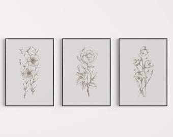 Set of Prints, Grey Print Set, Wall Art Set, Grey Prints, Flower Print Set, Wall Art, Wall Art Print, Flower Wall Art, Grey Wall Art, Art