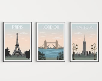 Travel Print Set, Travel Posters, New York Print, London Wall Art, Paris Poster, Wall Art Print, New York Poster, Travel Wall Art, London