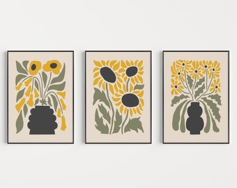 Set of Prints, Flower Print Set, Yellow Green, Prints, Flower Prints, Minimalist Prints, Set of Flower Prints, Wall Art Set, Art Prints