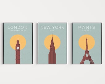 Travel Print Set, Wall Art Set, Travel Wall Art, Set of Prints, Travel Poster Set, New York Print, London Wall Art, Paris Poster, Wall Art