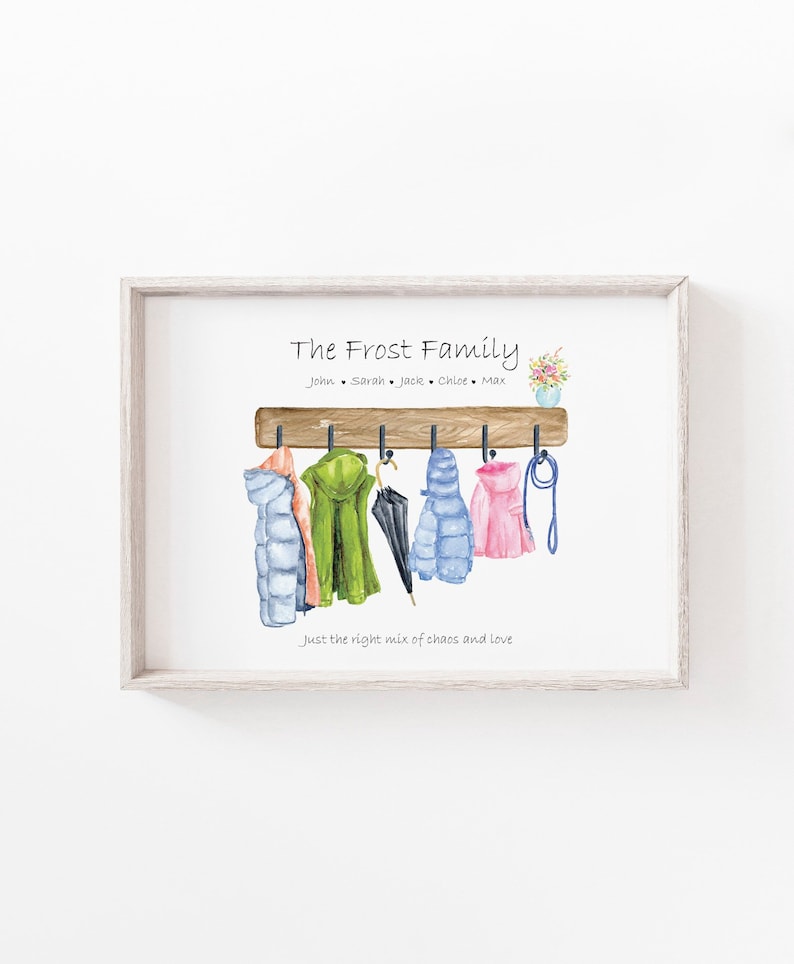 May include: A watercolor illustration of a wooden coat rack with five items hanging on it, including a green jacket, a blue jacket, a pink jacket, a blue umbrella, and a pink scarf. The text "The Frost Family" is above the coat rack, and the text "John, Sarah, Jack, Chloe, Max" is below the coat rack. The text "Just the right mix of chaos and love" is below the items hanging on the coat rack.