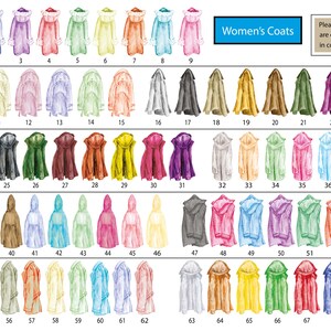 May include: A chart showing 69 different color options for women's coats. The chart is labeled "Women's Coats" and includes the text "Please note, coats are only available in colours shown."