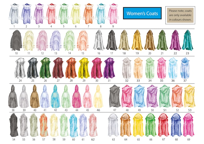 May include: A chart showing 69 different color options for women's coats. The chart is labeled "Women's Coats" and includes the text "Please note, coats are only available in colours shown."