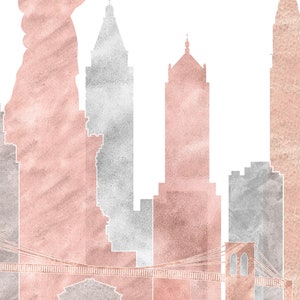 May include: A watercolor illustration of the New York City skyline in shades of pink and silver. The skyline includes the Statue of Liberty, the Empire State Building, and the Brooklyn Bridge.