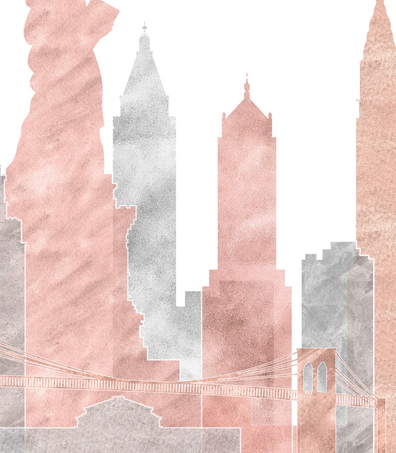 May include: A watercolor illustration of the New York City skyline in shades of pink and silver. The skyline includes the Statue of Liberty, the Empire State Building, and the Brooklyn Bridge.