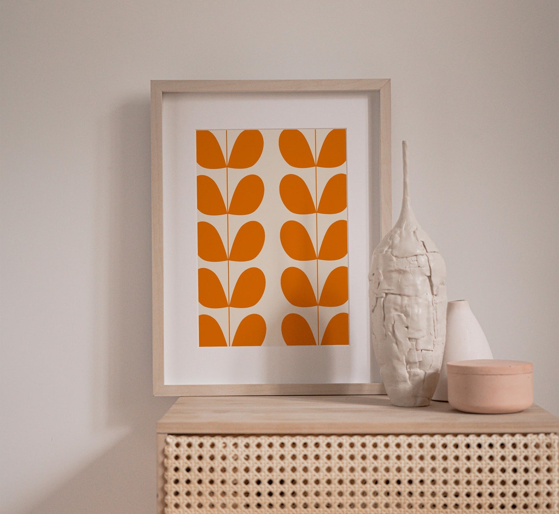 Orange Print Mid Century Modern Wall Art Print Leaf Print Etsy