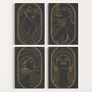 May include: Set of four black and gold framed prints featuring abstract line art of women's faces. Each print has a different design and features a woman's face with geometric shapes and lines.