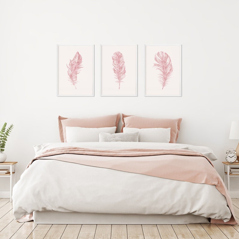 Feather Print Set Pink Art Set Set of Prints Feather Etsy