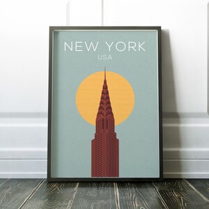 May include: A minimalist poster with a blue background featuring a red skyscraper with a yellow sun behind it. The text "NEW YORK USA" is at the top of the poster.