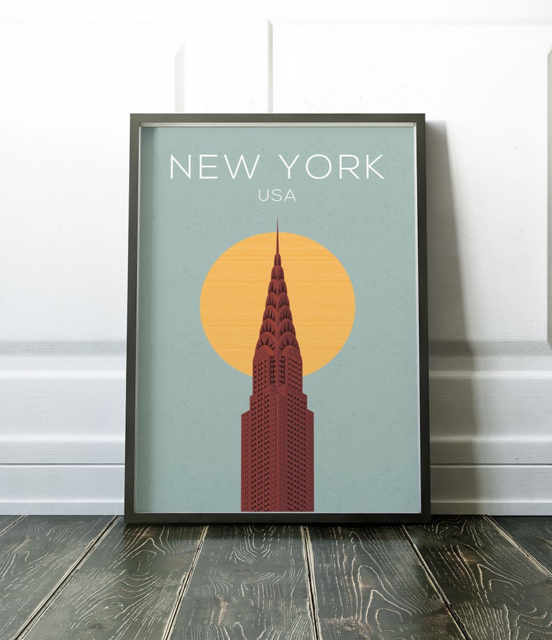 May include: A minimalist poster with a blue background featuring a red skyscraper with a yellow sun behind it. The text "NEW YORK USA" is at the top of the poster.