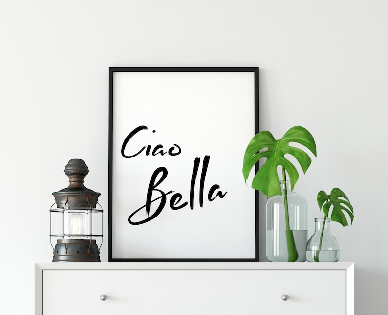 May include: A black framed print with the text "Ciao Bella" in white calligraphy on a white background. The print is on a white dresser with a black lantern and two clear glass vases with green monstera plants.