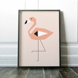 May include: A framed print of a pink flamingo with black and white geometric shapes. The flamingo is standing on one leg with its head turned to the side. The background is a light pink color.