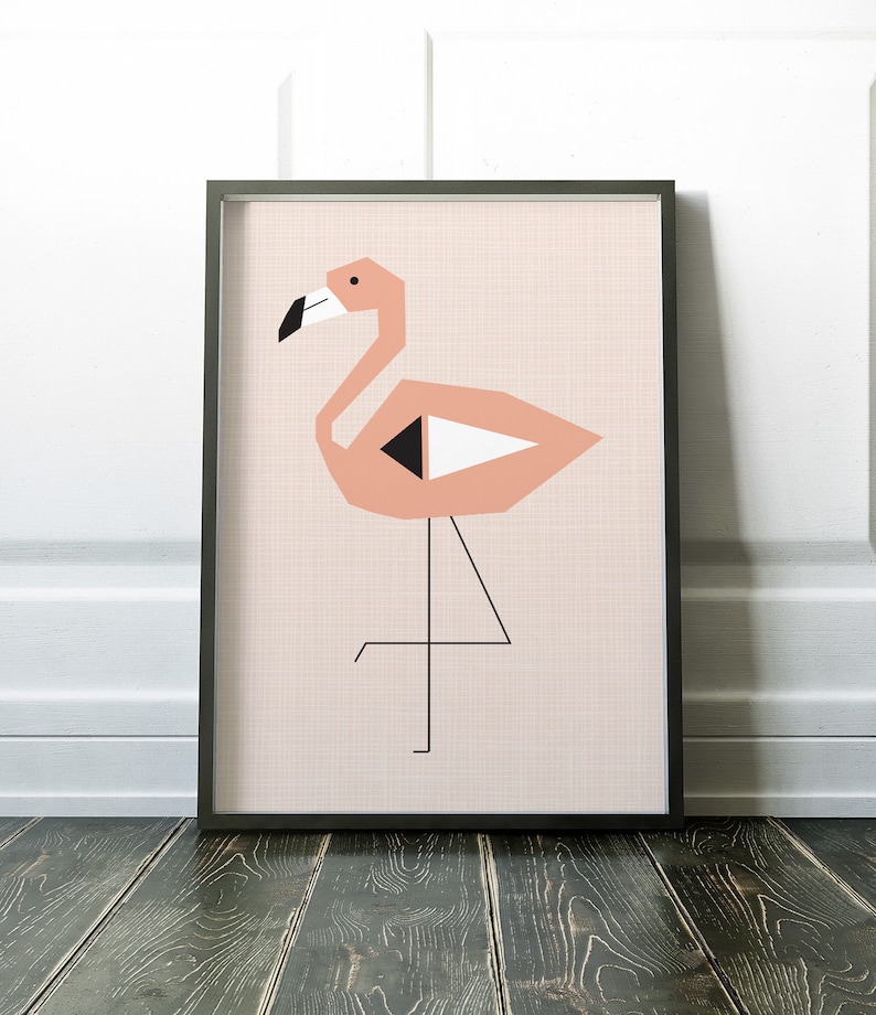 May include: A framed print of a pink flamingo with black and white geometric shapes. The flamingo is standing on one leg with its head turned to the side. The background is a light pink color.