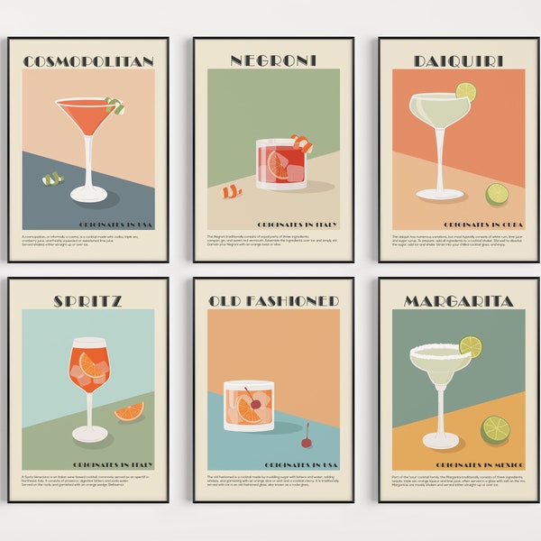 Cocktail Print Set of 6 Prints, Mid Century Modern, Prints For Kitchen, Large Wall Art Print, Cocktail Posters, Kitchen Prints, Art Prints